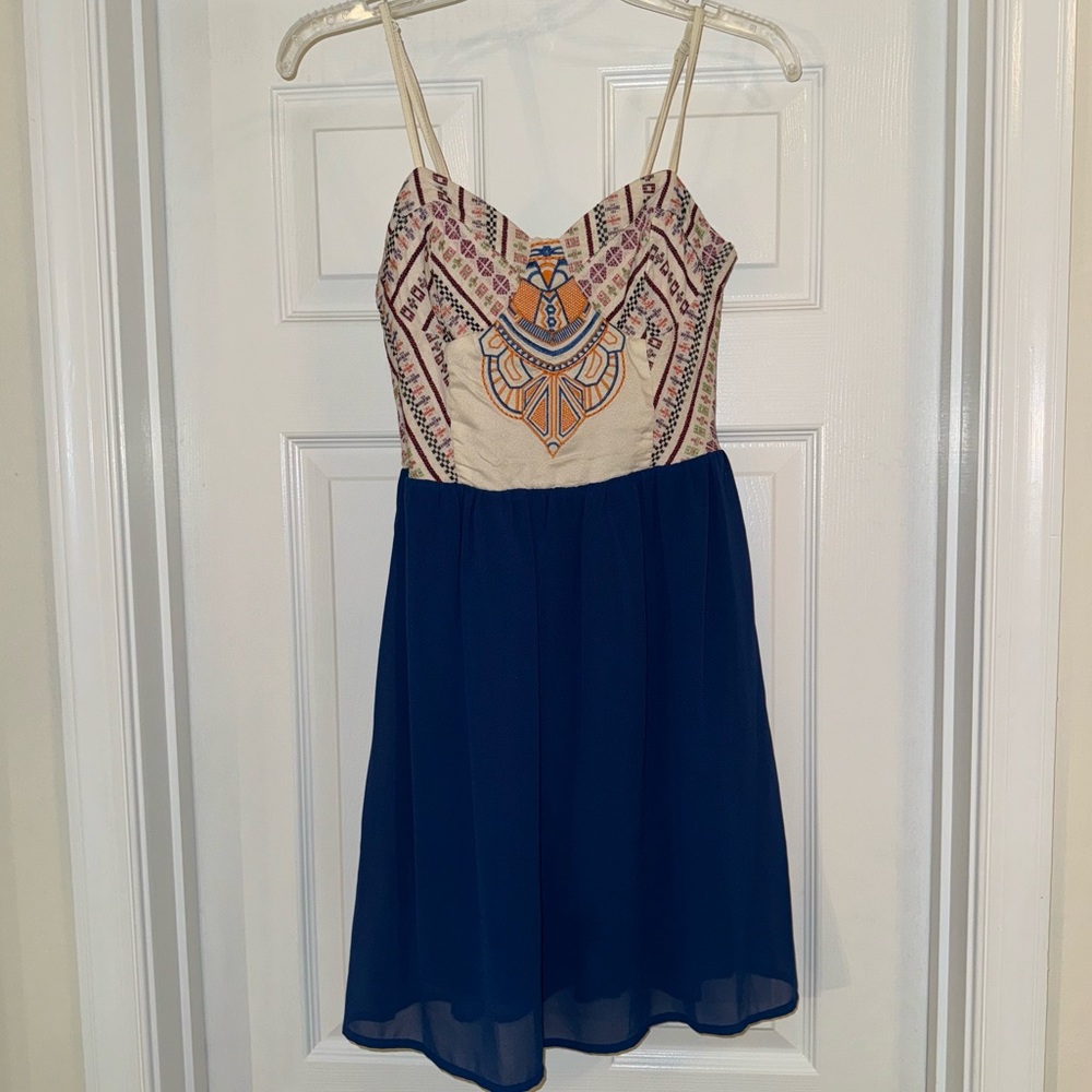 Semi Formal Dress Spaghetti Strap Short Blue and Cream